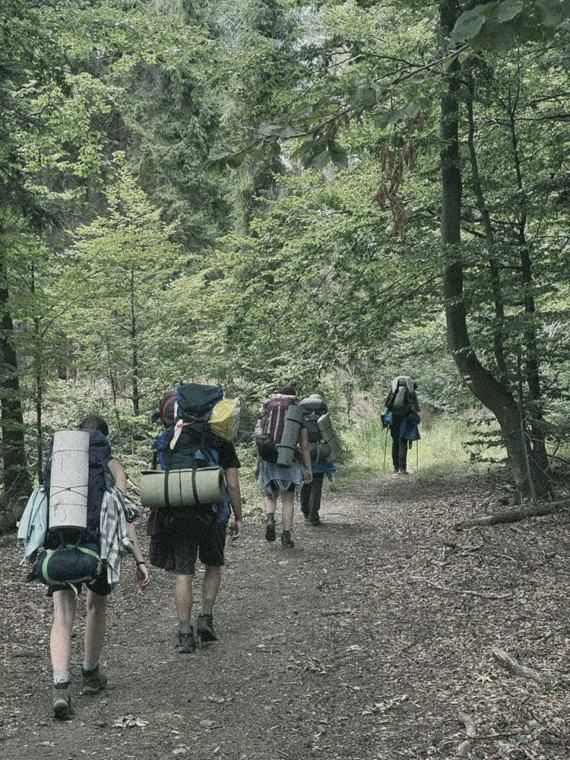 Skupina s batohmi kráča lesnou cestou, zozadu